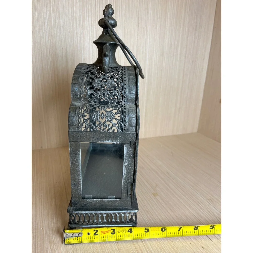 Vintage Moroccan Style Ornate Silver Metal Glass Filigree Candle Lantern Holder